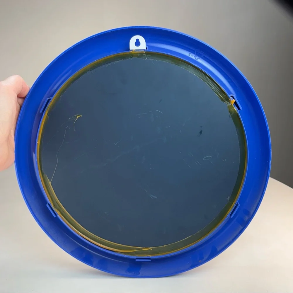 Vintage 12.25” Circle Blue Plastic Wall Mirror Space Age 80s 90s Post Modern
